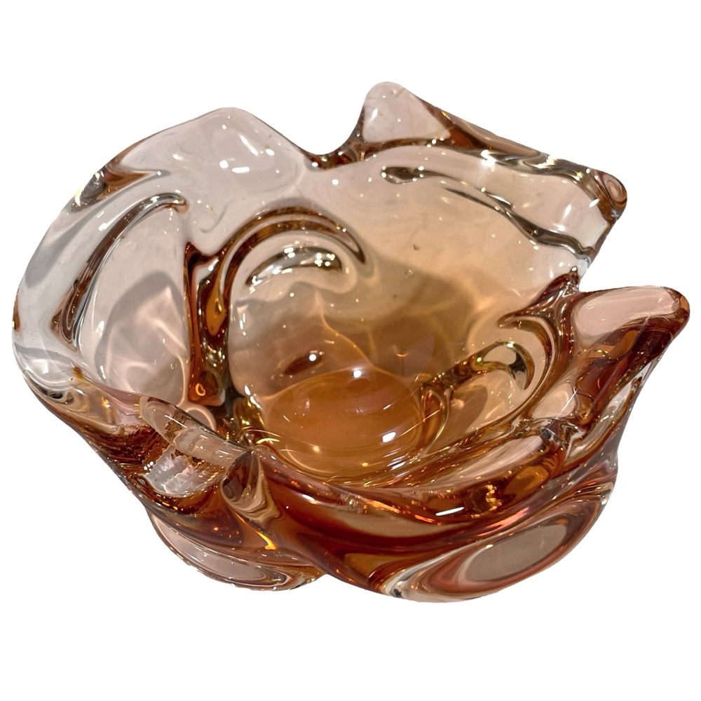 Vintage 1960s Jan Beranek for Skrdlovice Czech Art Glass Ashtray Freeform Cognac